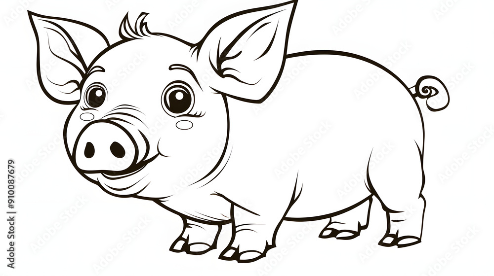 Fototapeta premium A charming black and white cartoon illustration of a smiling piglet with large eyes and a curly tail. Ideal for children's coloring books, educational materials, and farm-themed activities.