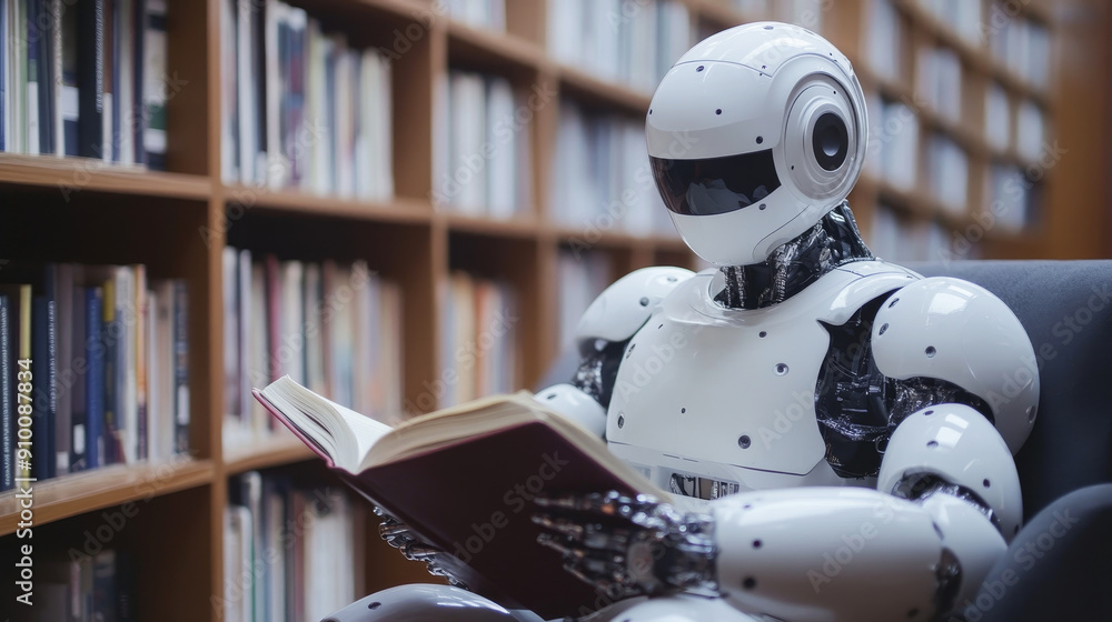 Futuristic robot reading a book in a library showcasing AI and technology Futuristic robot reading a book in a library showcasing AI and technology