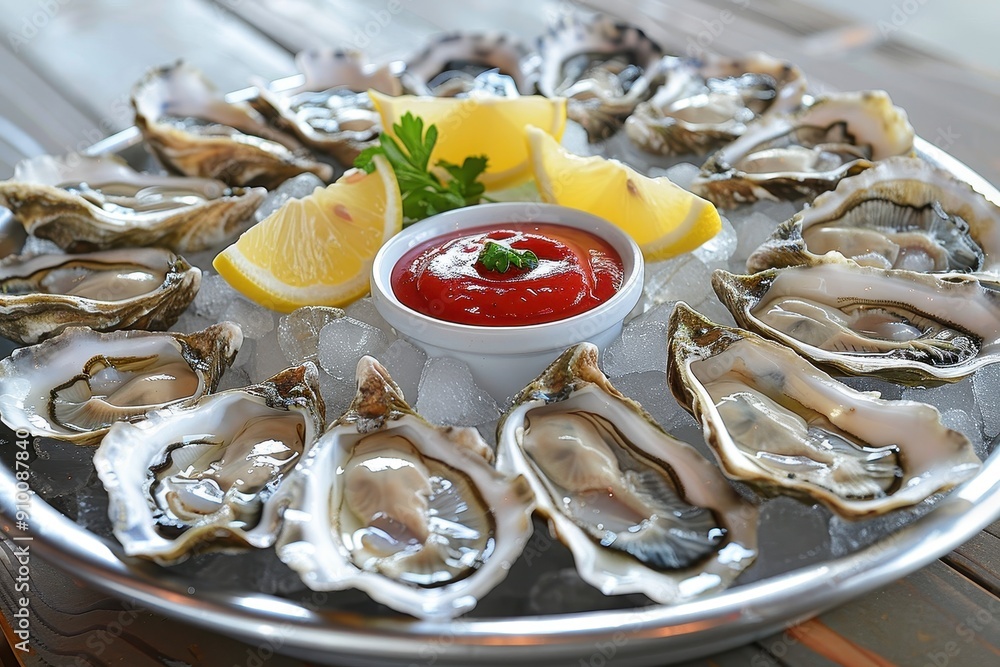 A platter of fresh oysters on the half shell, served on ice with lemon wedges, cocktail sauce, and mignonette A platter of fresh oysters on the half shell, served on ice with lemon wedges, cocktail sauce, and mignonette