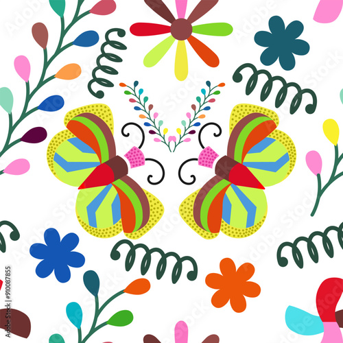 animal butterfly repeating design pattern.  Otomi or Tenango embroidery. photo