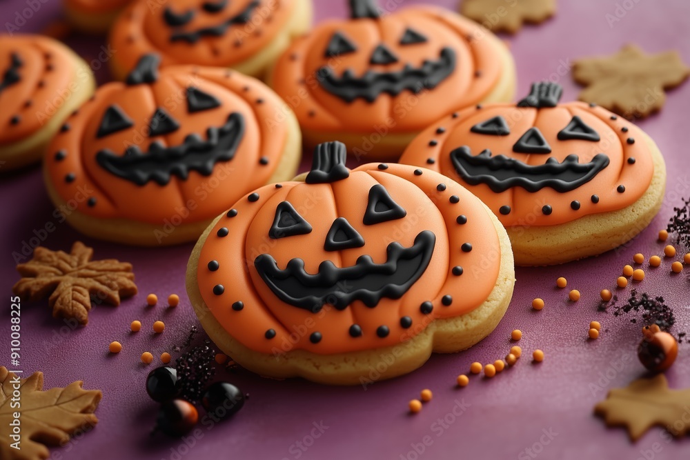 A pattern of pumpkin-shaped gingerbread cookies with jack-o'-lantern faces, decorated in orange and black icing on a purple background A pattern of pumpkin-shaped gingerbread cookies with jack-o'-lantern faces, decorated in orange and black icing on a purple background