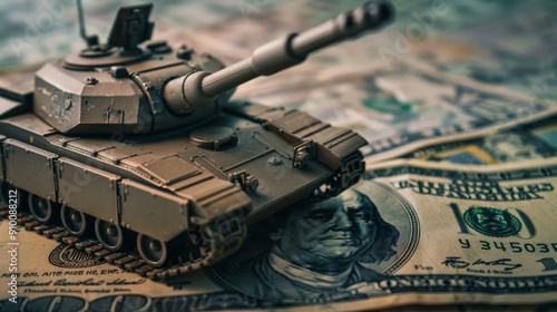 A miniature tank is positioned on a scattering of U.S. dollar bills, symbolizing the link between military might and financial clout. photo