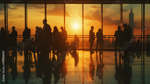 People silhouetted against a brilliant sunset, gathered by large windows, creating a picturesque urban scene filled with reflections and warm hues.