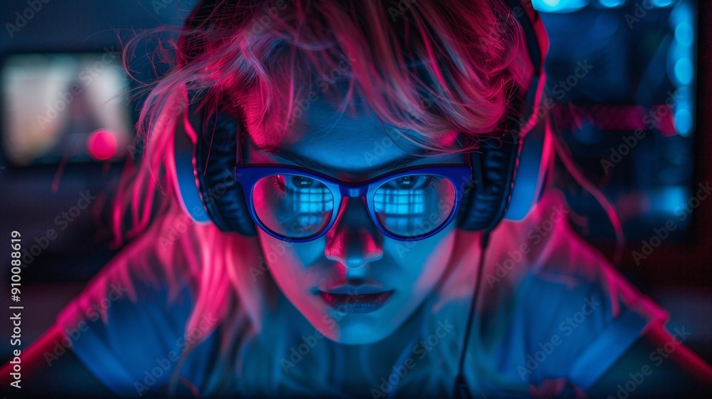Focused woman with glasses and headphones in neon light Focused woman with glasses and headphones in neon light