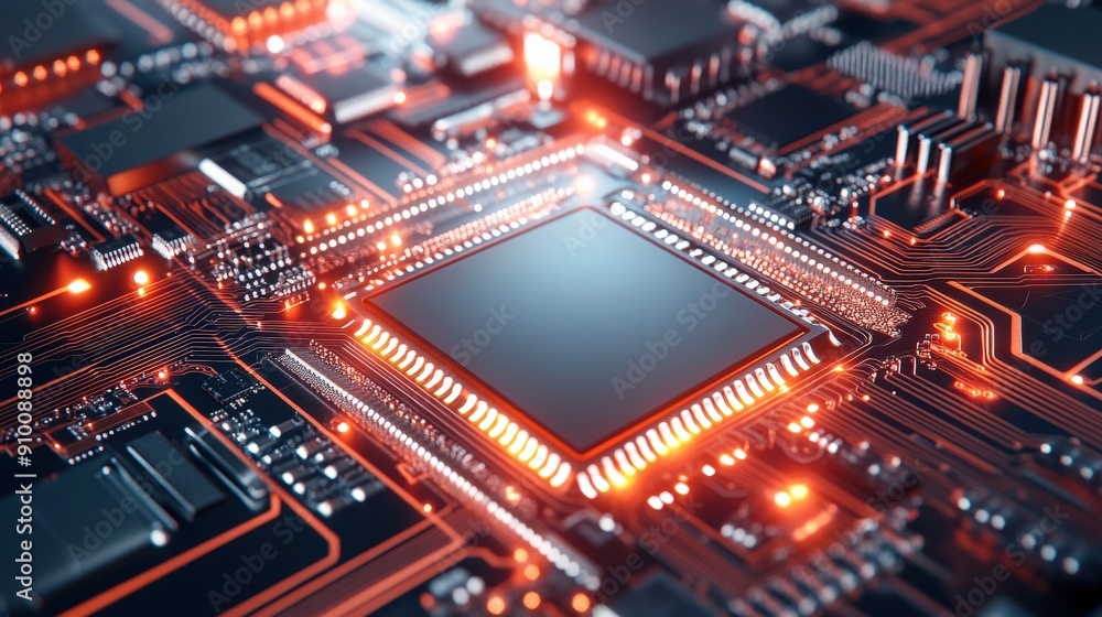 A computer chip is shown in a close up with orange and red colors. The chip is surrounded by a black background with many wires and circuits. Concept of technology and innovation A computer chip is shown in a close up with orange and red colors. The chip is surrounded by a black background with many wires and circuits. Concept of technology and innovation
