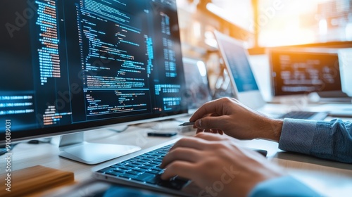 A person is typing on a computer keyboard in front of a monitor displaying blue code. Concept of focus and concentration as the person works on their computer. The blue color of the monitor photo