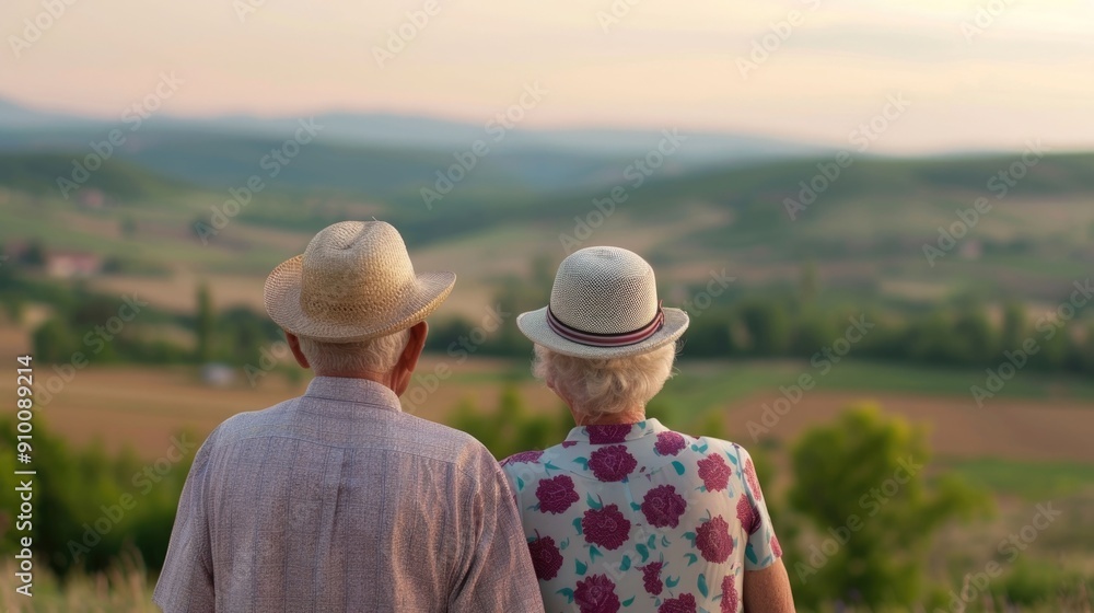 Retired senior couple strolling hand in hand through a serene rural landscape at sunset appreciating the picturesque countryside scenery and tranquil moment of their golden years Retired senior couple strolling hand in hand through a serene rural landscape at sunset appreciating the picturesque countryside scenery and tranquil moment of their golden years
