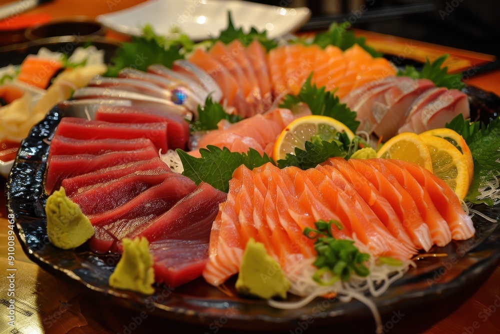 A platter of sashimi, featuring thinly sliced raw fish including tuna, salmon, and yellowtail, served with soy sauce and wasabi. A platter of sashimi, featuring thinly sliced raw fish including tuna, salmon, and yellowtail, served with soy sauce and wasabi.