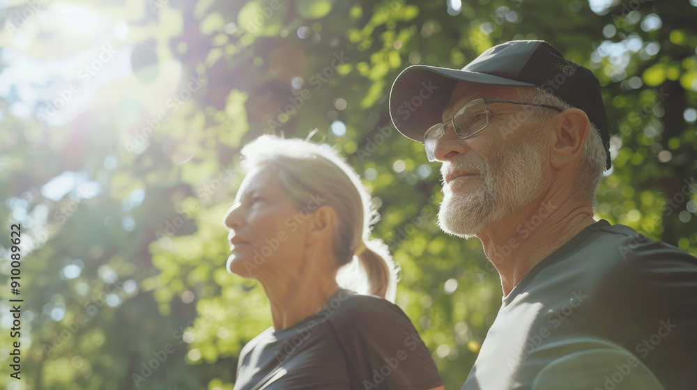 An elderly couple in exercise clothing are enjoying a brisk walk together in a sun-dappled park, savoring the morning ambiance. An elderly couple in exercise clothing are enjoying a brisk walk together in a sun-dappled park, savoring the morning ambiance.