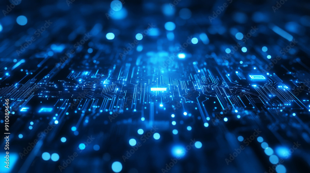 Abstract blue technology background with circuit board pattern and glowing lights Abstract blue technology background with circuit board pattern and glowing lights