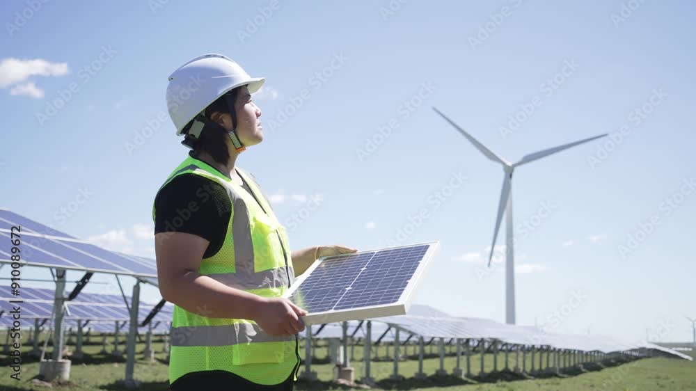 female technician working in solar power station female technician working in solar power station