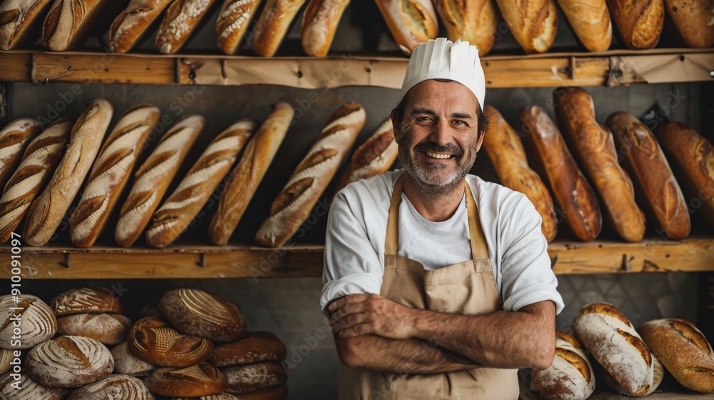 Happy Baker in Artisan Bakery with Fresh Bread Happy Baker in Artisan Bakery with Fresh Bread