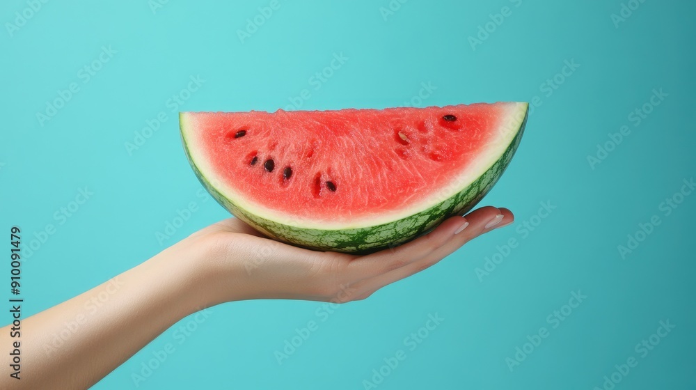 Hand holding a slice of watermelon against a turquoise background Hand holding a slice of watermelon against a turquoise background