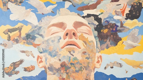 Mosaic composition of a young man's face showing various natural elements invoking themes of psychedelics or hallucinogens photo