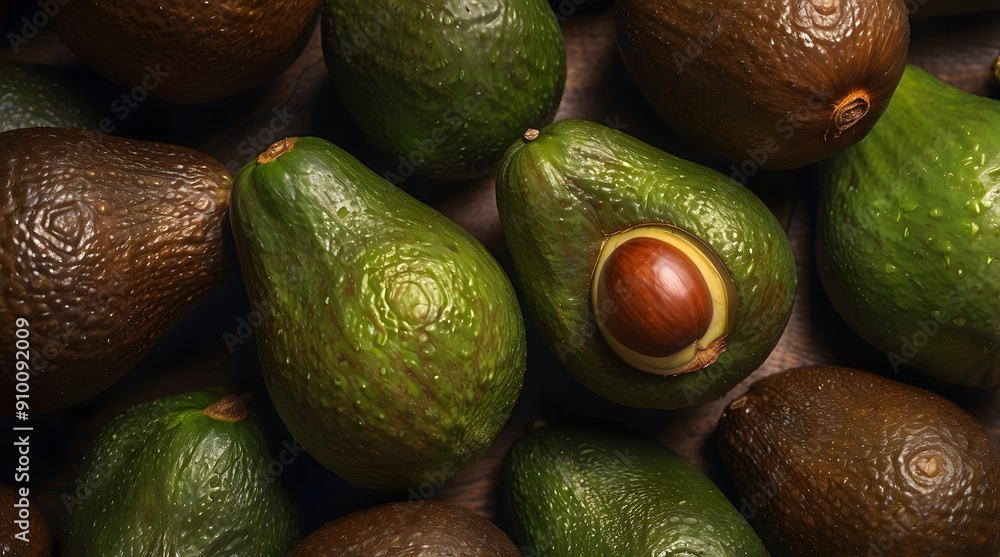 Background close-up shot of a pile of ripe brown avocados, the avocados are stacked, and light is shining through their skins. Background close-up shot of a pile of ripe brown avocados, the avocados are stacked, and light is shining through their skins.