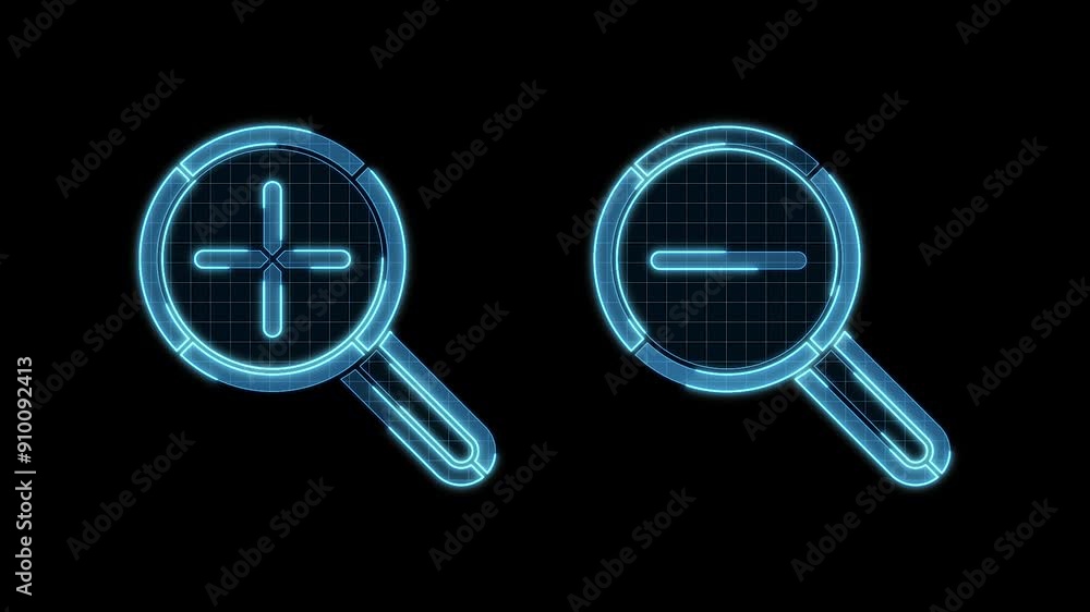 Zoom in out icon motion animation, continuous seamless loop from 1 to 7 second mark, futuristic cyber technology look, neon laser lines on black background. Zoom in out icon motion animation, continuous seamless loop from 1 to 7 second mark, futuristic cyber technology look, neon laser lines on black background.