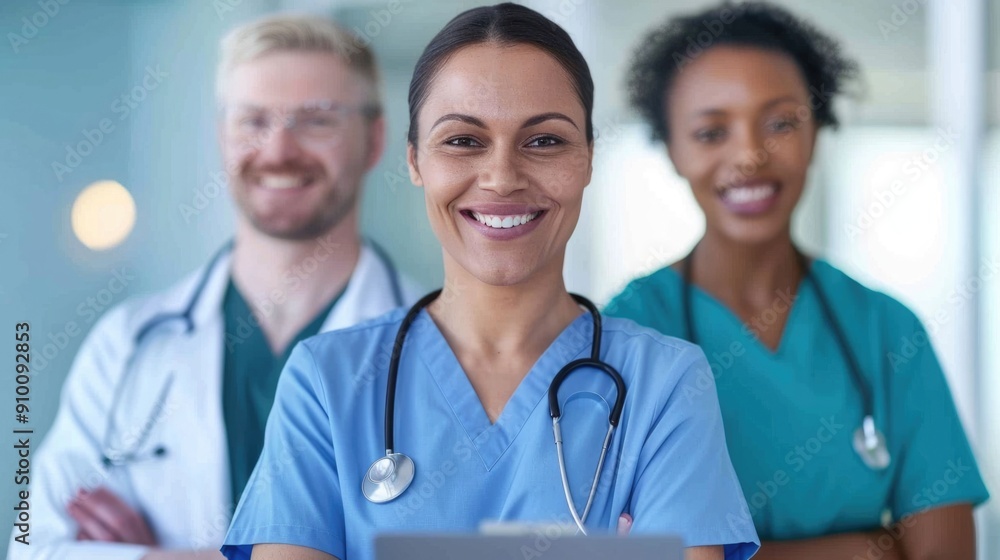 Healthcare video conferencing setup with group of medical professionals providing virtual consultations and treatments with deep depth of field focus Healthcare video conferencing setup with group of medical professionals providing virtual consultations and treatments with deep depth of field focus