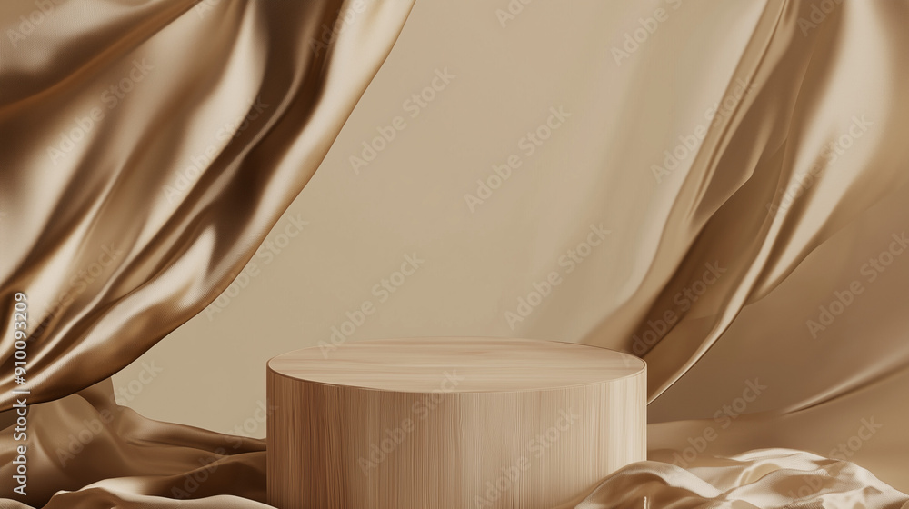 Luxury cosmetic product presentation and advertisement. brown background with empty wooden pedestal and beige silk curtains fluttering in the wind. Luxury cosmetic product presentation and advertisement. brown background with empty wooden pedestal and beige silk curtains fluttering in the wind.
