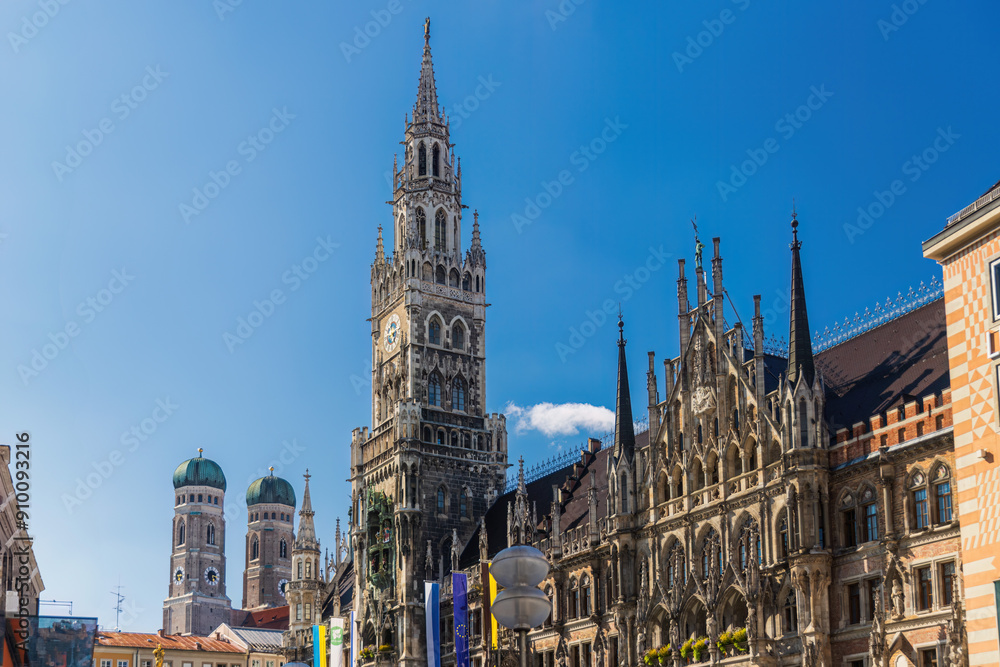 Munich skyline seen from Marienplatz with the new Town Hall and the Frauenkirche Munich skyline seen from Marienplatz with the new Town Hall and the Frauenkirche