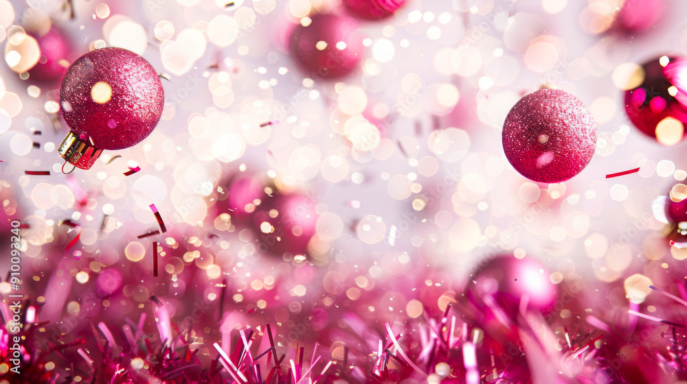 Shiny pink Christmas ornament hanging on pink tree with confetti, background Shiny pink Christmas ornament hanging on pink tree with confetti, background