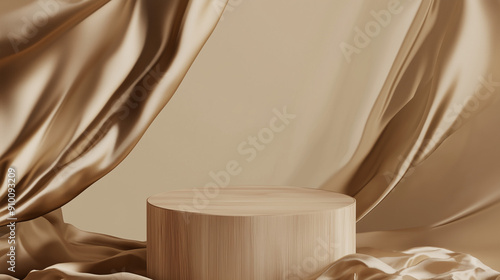 Luxury cosmetic product presentation and advertisement. brown background with empty wooden pedestal and beige silk curtains fluttering in the wind.