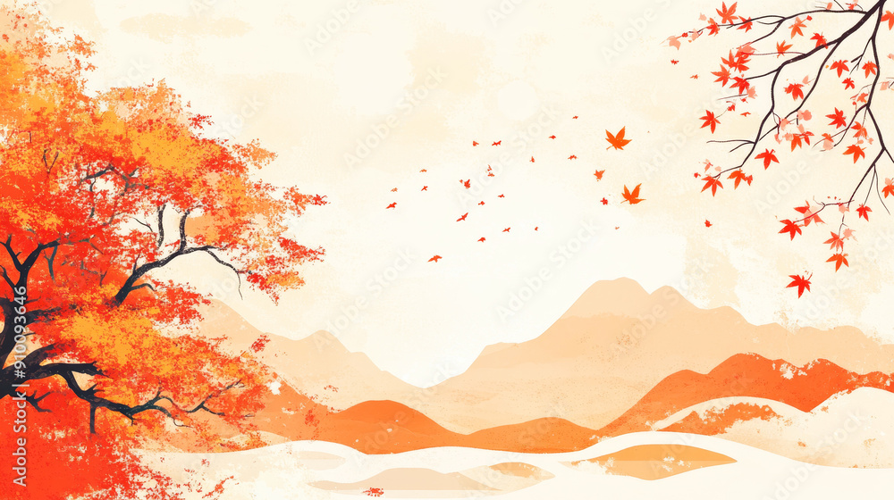 Autumn landscape with Japanese maple trees and mountains in the background Autumn landscape with Japanese maple trees and mountains in the background