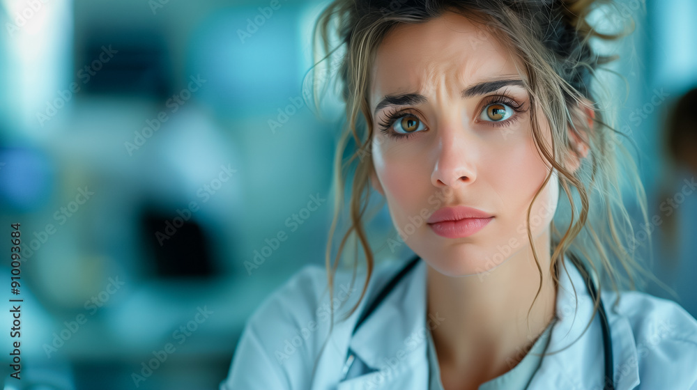 A woman doctor with green eyes and red hair in a white lab coat, looking frustrated and immersed in thought A woman doctor with green eyes and red hair in a white lab coat, looking frustrated and immersed in thought