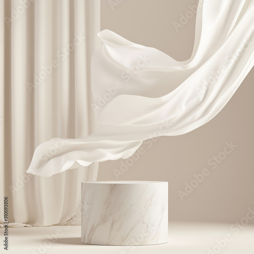 Luxury cosmetic product presentation and advertisement. beige background with empty marble pedestal and white silk curtains fluttering in the wind.