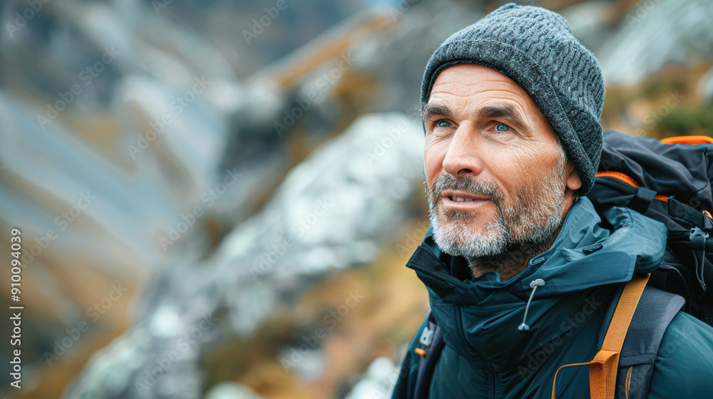 A man wearing a gray hat and a blue jacket is standing on a mountain A man wearing a gray hat and a blue jacket is standing on a mountain