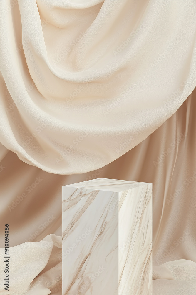 Luxury cosmetic product presentation and advertisement. beige background with empty marble pedestal and white silk curtains fluttering in the wind. Luxury cosmetic product presentation and advertisement. beige background with empty marble pedestal and white silk curtains fluttering in the wind.