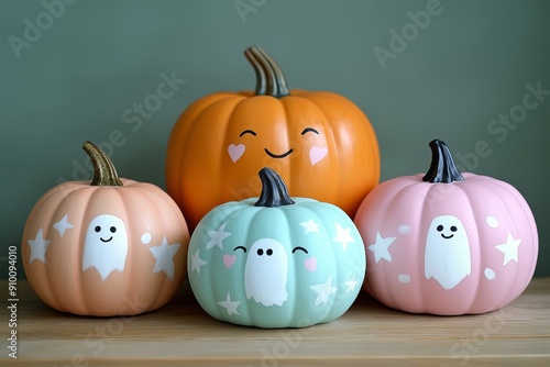 cute decorated painted pumpkins with hearts and stars, and white sheet ghost faces, creating a whimsical and cute Halloween decoration photo