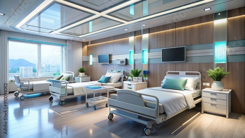 Modern hospital room featuring sleek smart beds with built-in monitors, automated vital sign tracking, and futuristic interior design emphasizing efficiency and cutting-edge patient care.