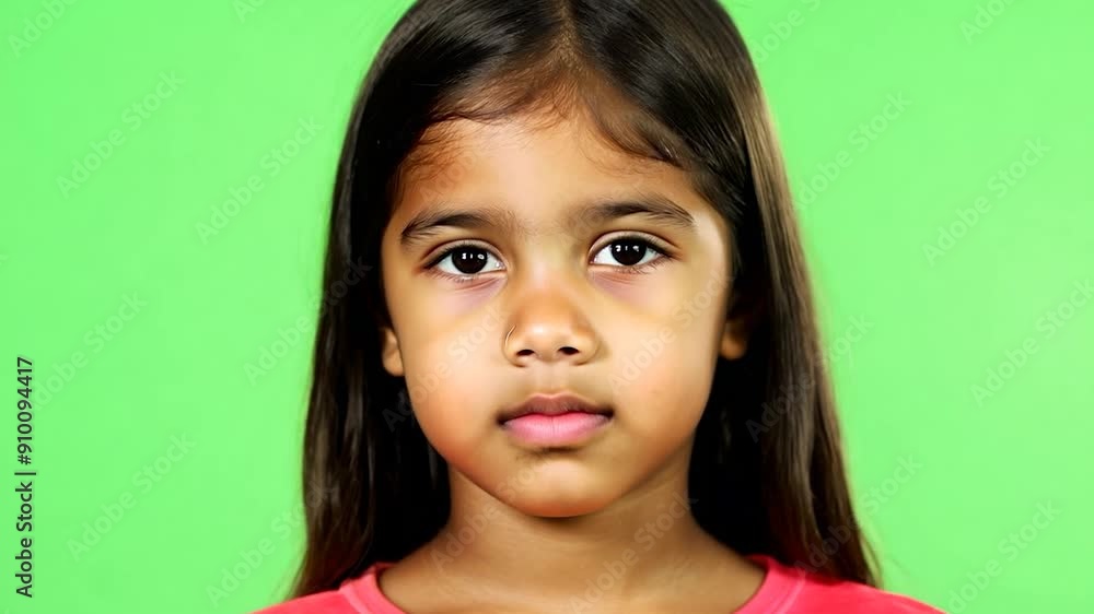 A young girl stands confidently with a serious expression, her long dark hair framing her face against a vibrant green backdrop A young girl stands confidently with a serious expression, her long dark hair framing her face against a vibrant green backdrop