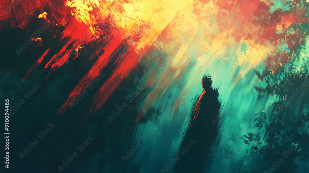 Fototapeta premium Whispers of the Hidden Sun: An abstract, textured landscape with sunlit brushstrokes and a mysterious silhouette.