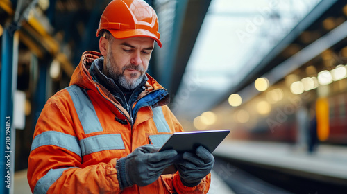 Railway worker using tablet computer at station in orange uniform and hard hat