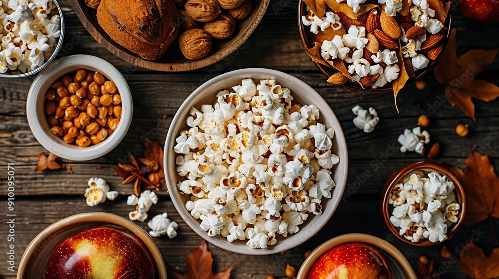 Popcorn and Autumn Snacks on Wooden Table Popcorn and Autumn Snacks on Wooden Table