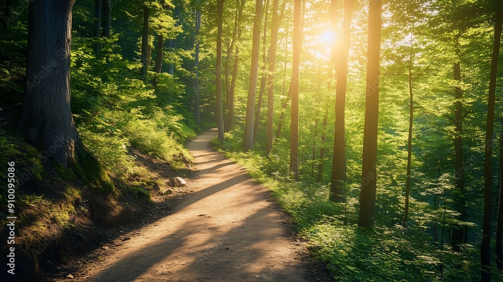 Obraz premium A peaceful forest path bathed in sunlight, surrounded by lush green trees and foliage, offering a tranquil nature walk.