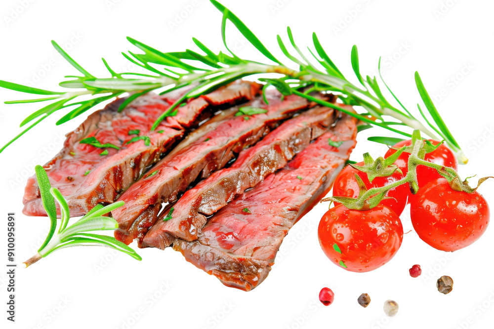 Grilled steak slices with rosemary and cherry tomatoes on white background. Grilled steak slices with rosemary and cherry tomatoes on white background.