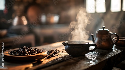 Rustic kitchen scene with steaming coffee and coffee beans