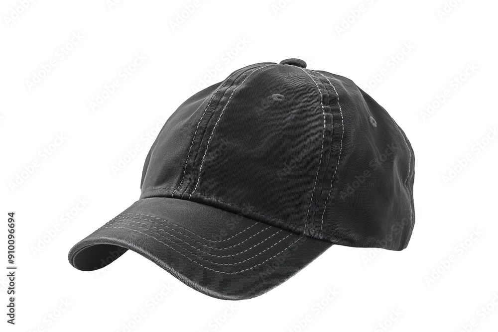 Black baseball cap with detailed stitching. PNG without background Black baseball cap with detailed stitching. PNG without background