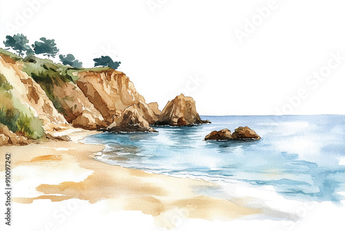 Watercolor illustration of a coastal beach scene Water color on white background