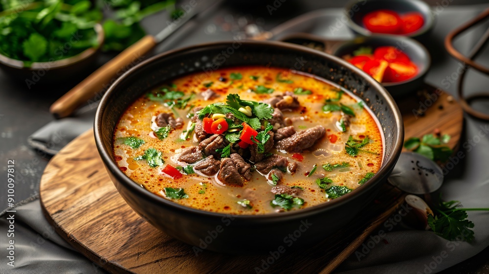 Spicy Beef Soup with Herbs and Vegetables in Bowl Spicy Beef Soup with Herbs and Vegetables in Bowl