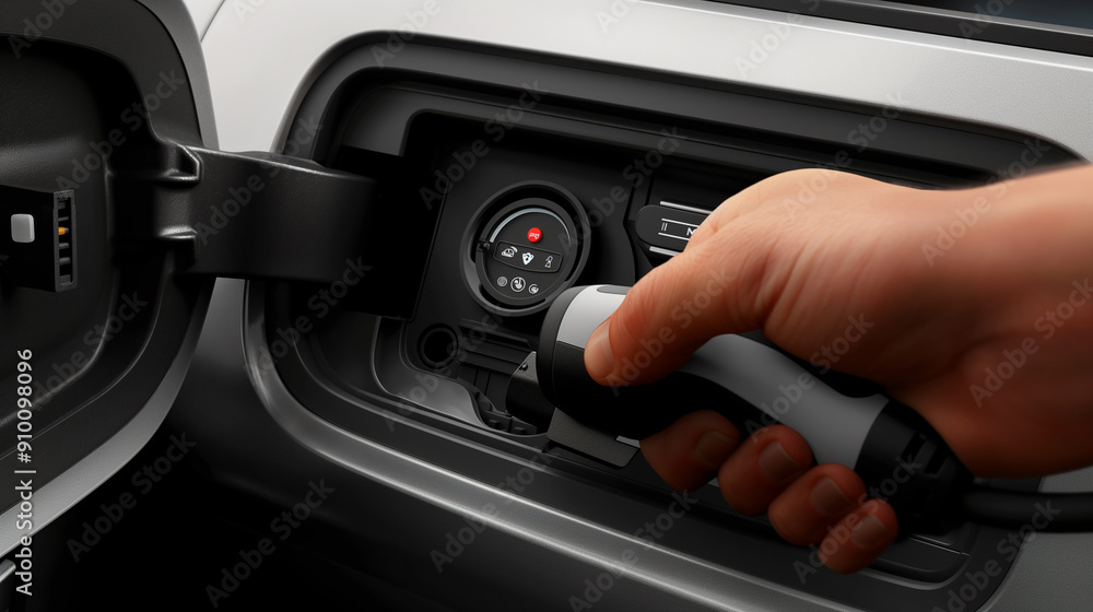 The driver of the electric car inserts the electrical connector to charge the batteries The driver of the electric car inserts the electrical connector to charge the batteries