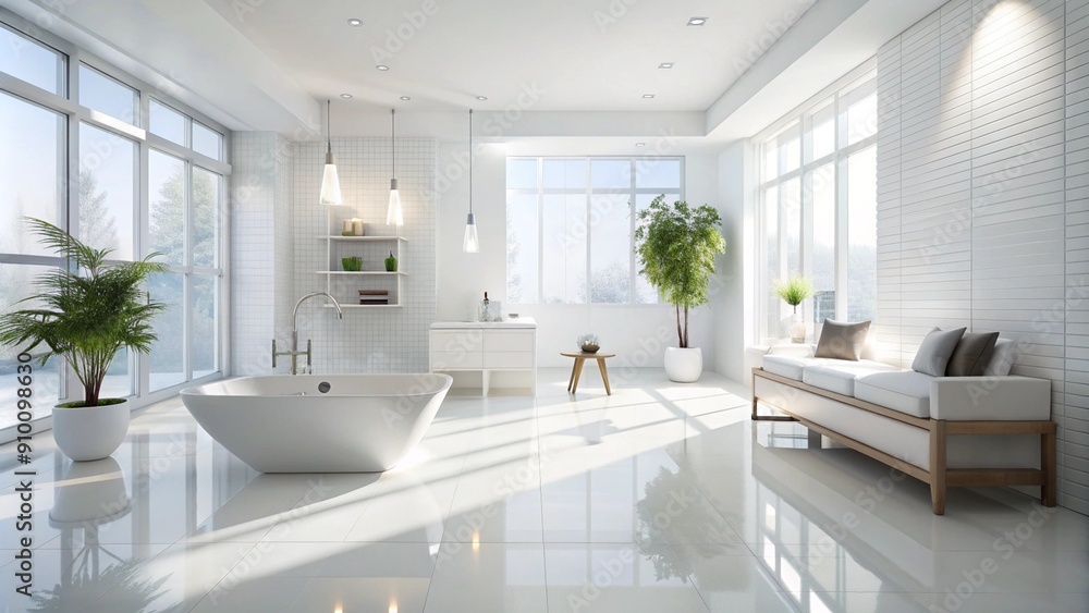 Fototapeta premium A clean, modern space in elegant white tones, with pure light streaming in, casting subtle shadows on a whitewashed wall and pristine white floor tiles, giving a sense of purity and simplicity.