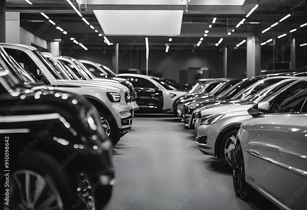 Fototapeta premium parking car black dealership style white duty supermarket mall bw export import sun sunny lot place area blur summer european sharpened selective bokeh grey fferent leasing trade