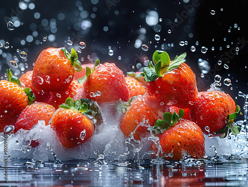 Vibrant CAMUCAMU splashing with water and ice on elegant black background photo