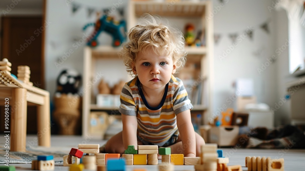 Toddler Playing with Wooden Blocks in Nursery Toddler Playing with Wooden Blocks in Nursery
