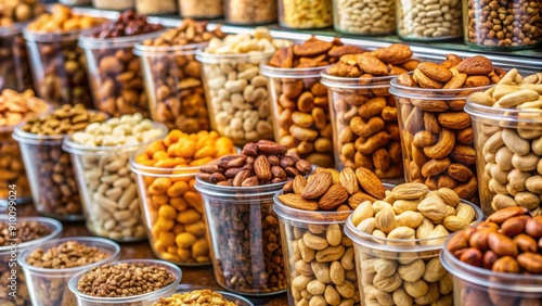 Assorted containers of popular tree nuts occupy shelf space at a well-stocked market in Southern California, showcasing a popular snack option for health-conscious consumers.