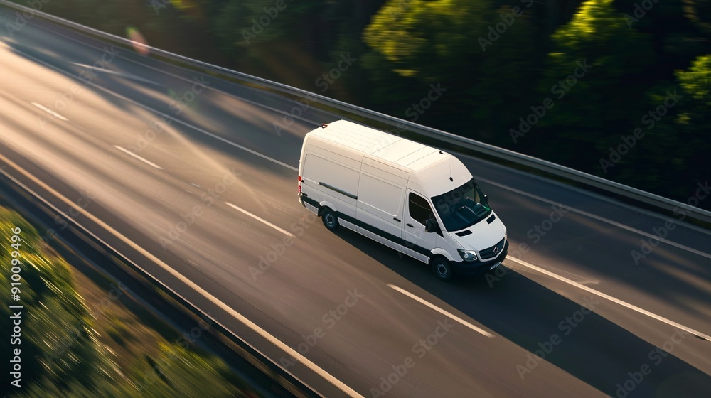 Fototapeta premium White Delivery Van on Highway at Sunset