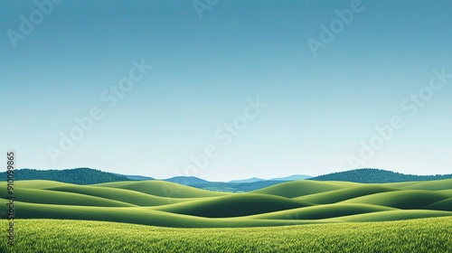 Serene Rolling Hills: A panoramic view of a verdant valley, bathed in the warm glow of a clear, blue sky. 